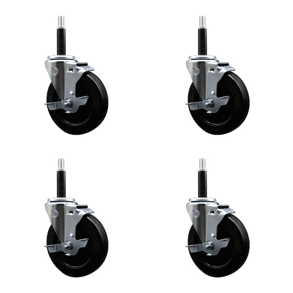 5'' SS Hard Rubber Swivel 3/4'' Expanding Stem Caster Set with Brake, 4PK
